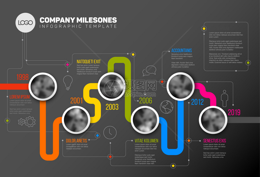 彩色线上带有圆形照片占位符的定时线模板暗版矢量投影公司定时线模板图片