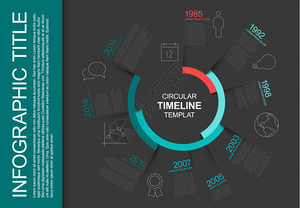 具有最大里程碑图标阴影和大多彩年份标签的矢量信息环传时间表报告模板暗版图片