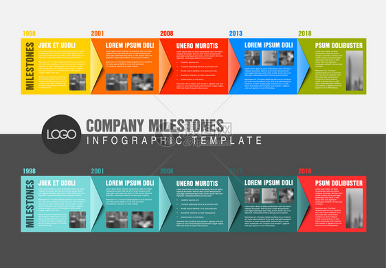 矢量多彩Inflogicform时间报告模板包含最大的里程碑照片年份和多彩区块描述两个版本矢量多彩的Infflogical时间报图片