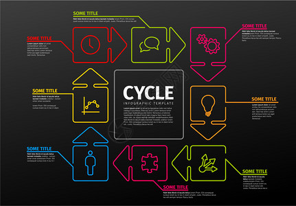 带有圆箭头步骤的细线信息图表模板暗版矢量信息时间表报告模板图片