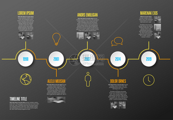带有圆圈和照片占位符的时线模板暗版图片