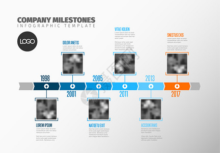定时线模板在蓝色时间线上有方形照片占位符图片