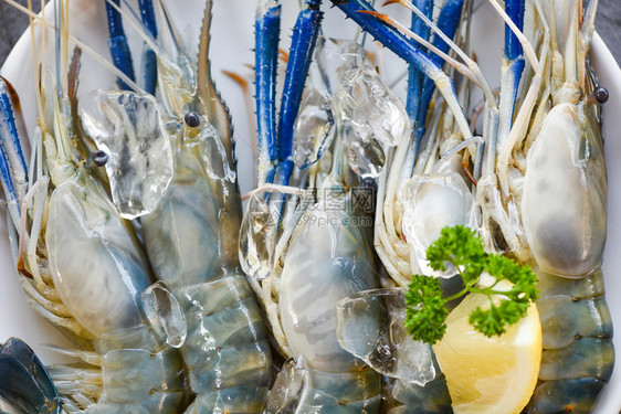 在海产食品餐厅或白盘上蓝色生虾图片