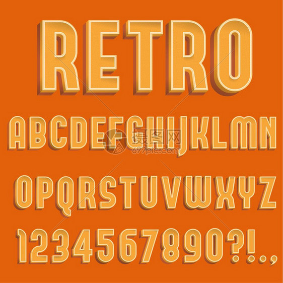 3D字母数和符号Rentro配有丰富颜色的回音矢量图片