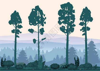 卡通森林树灌木大自然环境矢量插画图片