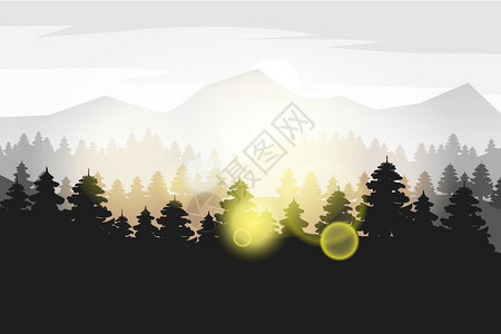 森林全景松林和山矢量背景全塔伊加光影图全景观示矢量孤立插画