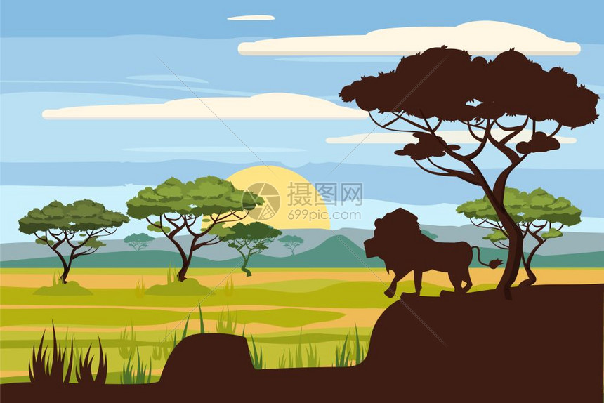 非洲地貌热带草原日落矢量图图片