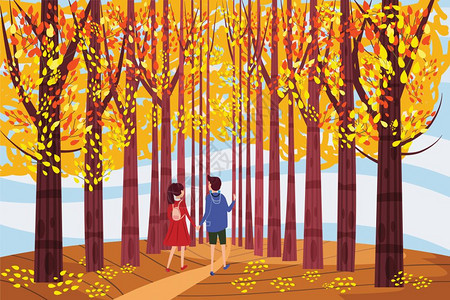 秋天情侣在公园散步图片