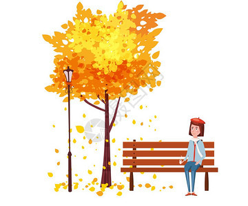 秋天快乐的女孩坐在长椅上矢量插图图片