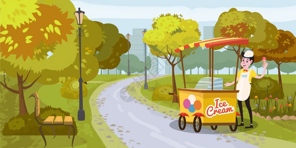 卡通风格城市公园卖冰淇淋的人矢量插画图片
