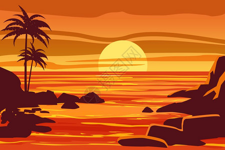 卡通风格热带美丽日落地貌棕榈海滩矢量插图图片