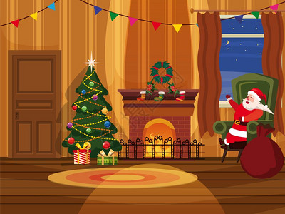 圣诞房间老人和树壁炉沙发礼品节日假属心情圣诞房间老人和树心情矢量插图孤立模板海报横幅图片