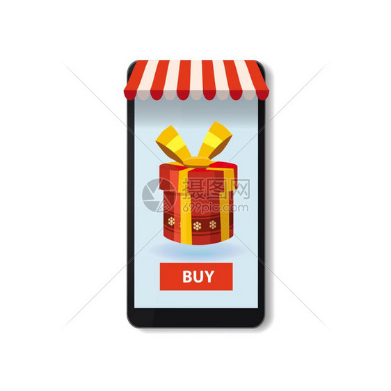 移动在线商店概念智能手机假日红礼箱矢量说明商业设计电子在线商店市场数字营销海报包装模板图片