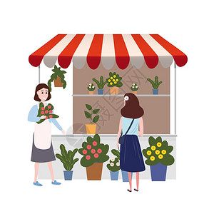 卡通街头花卉市场出售鲜花矢量插画图片素材
