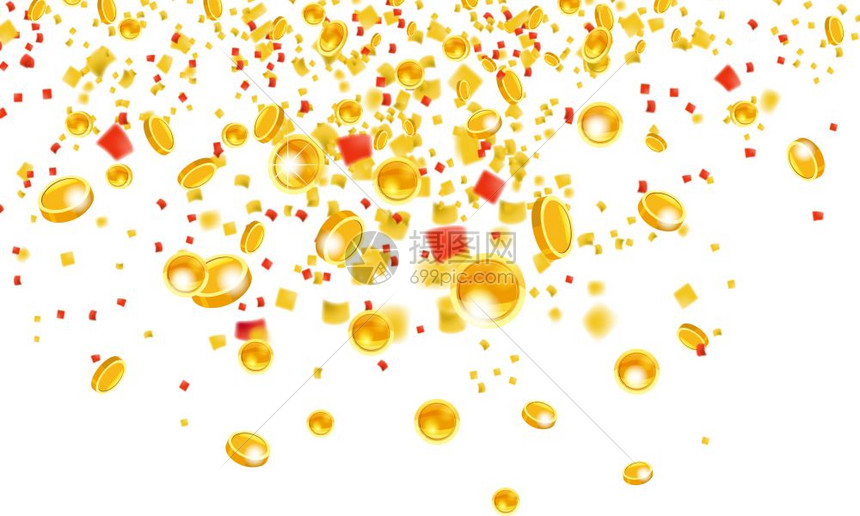 滚的硬币货下跌飞金硬雨彩票或成功概念现代背景矢量图飞的金币从顶层