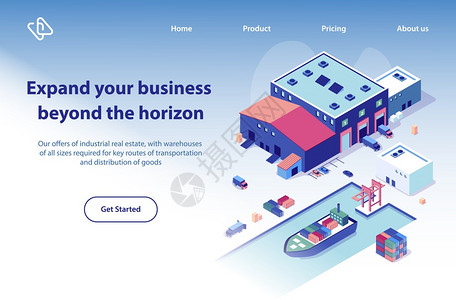 国际运输公司IsomaticVectorWebBanner仓库大楼附近的运货卡车说明港集装箱船舶背景图片
