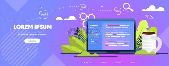 网络开发演播室或公司程序员在线服务CartonVectorWebBanner着陆页面模板计算机屏幕上不同的编程语言代码带咖啡的M图片