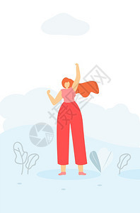 强烈的红发女在激励职位上坚持手举的活平板条旗下站立的漫画插图保护妇女斗争的病媒模板女权概念图片