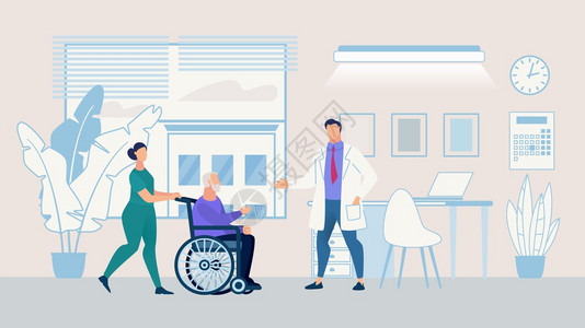信息海报护理之家卡通Flat禁止老年人住院治疗轮椅护士司机看医生服务处矢量说明图片