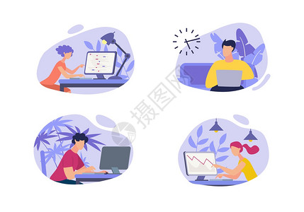 办公室计算机的亮画集分会之间的发文件女孩在晚上计算机工作妇女分析图表卡通指标下降图片
