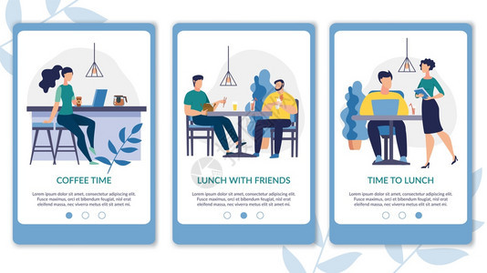 广告Flyer是用午餐时间刻画的海报录咖啡时间与朋友午餐Banner男人和女正在工作平板上用杯咖啡休息矢量说明图片