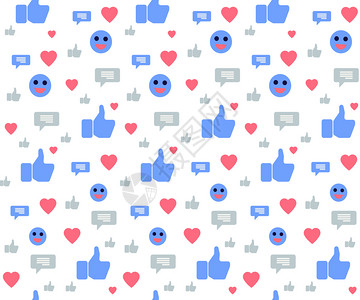 社会媒体图标的无缝模式与白色背景上的缩略图指向如心脏微笑泡语音符号蓝色红和灰调板卡通平矢量插图白面上的社会媒体图标无缝模式背景图片