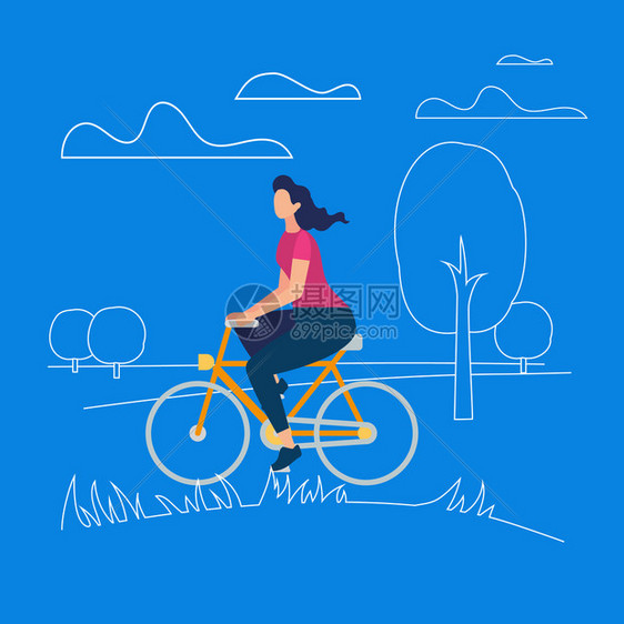 骑自行车的年轻女孩卡通矢量插画图片