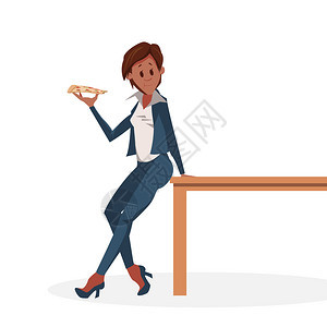 PizzaSliceLean的女主角在桌子上女商人在工作时穿西装和高脚鞋饥饿的自由斗士在午餐时间吃零食卡通平面矢量说明披萨Sli图片