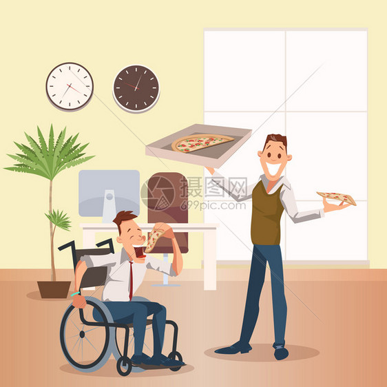 办公室的人吃披萨快乐的残疾人同事午餐时轮椅自由客快乐的商人站握着盒子计划吃意大利食品的切片卡通平板病媒一插图快乐的残疾人同事图片