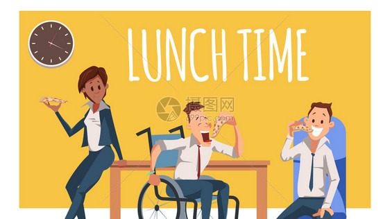 饥饿同事与披萨共度午餐轮椅吃意大利食品的残疾工人办公桌上的女利昂人办公室字符BiteJunkfood卡通平板矢量说明饥饿同事与披图片
