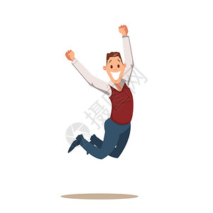 通过跳跃来庆祝成功快乐的商人有趣脱世男主角充满了欢乐和的欣跳跃快乐的年轻成功办公室员工卡通平板矢量一插图快乐的商人通过跳跃来庆祝图片