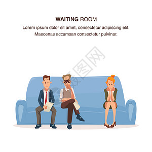 雇员在等候室的Couche坐在等候室的CouchQuue担心的Pensive男人和女等待办公室的工作面试候选人格穿戴正式诉讼卡通图片