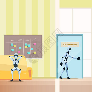 在SofaMaleBot上放松的机器人Male走进门办公室等候人工智能作面试现代未来技术扁卡通矢量说明放松的机器人图片