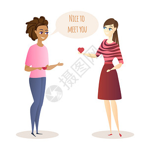 蓝底刚好遇见你两次女青年卡通格会议和友好对话女孩握着心和杯子很