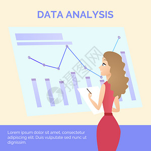 穿红衣服的年轻女学习商业图和在大屏幕前的纸张上写作数据分析输入平方矢量说明BannerOfficeLifeSystem图表财务视图片