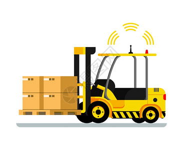 器驾驶软件包信号雷达正在工作扁卡通矢量说明自动交付的叉车满箱插画