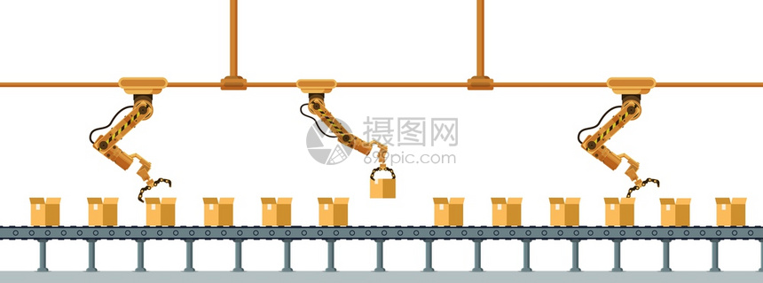 黄机器人ClawLong包装箱封存器机械式装甲起重制造技术仓库服务工业机器人仓储务弗拉特卡通矢量说明黄色机器人纸条长包装箱封存器图片