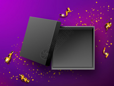 打开礼品黑盒顶视图现实的矢量空当前框紫底带有金彩色的或螺旋扭曲的色素生日新年或圣诞设计打开礼品黑盒顶视图插图片