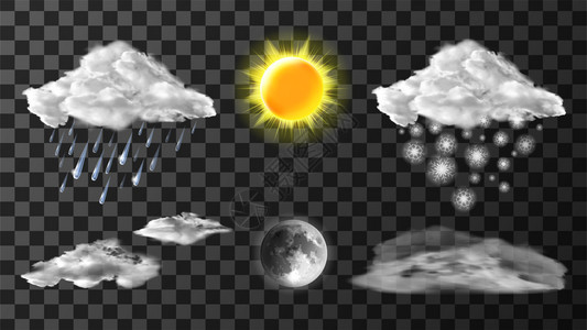 气象仪图标为切合实际的矢量集示天气预报太阳月亮雾云彩雪和雨的实际情况元素在透明的背景下隔开气象仪图标集符合实际情况图片