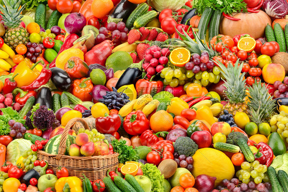 大拼图新鲜的美味蔬菜和水果天然明亮的全景背图片