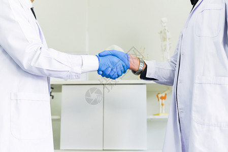医生和科学家与同事保健合作握手或研究试验科学概念的成功男科学家在实验室中握手图片