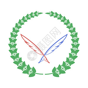 红蓝羽毛和绿的劳蕾尔图标孤立在白背景上红蓝羽毛和绿的劳蕾尔图标孤立在白背景上图片
