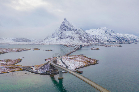 Lofoten岛挪威Nordland县欧洲Lofoten岛的桥梁和公路空中观察白雪山丘和树木冬季自然景观背图片