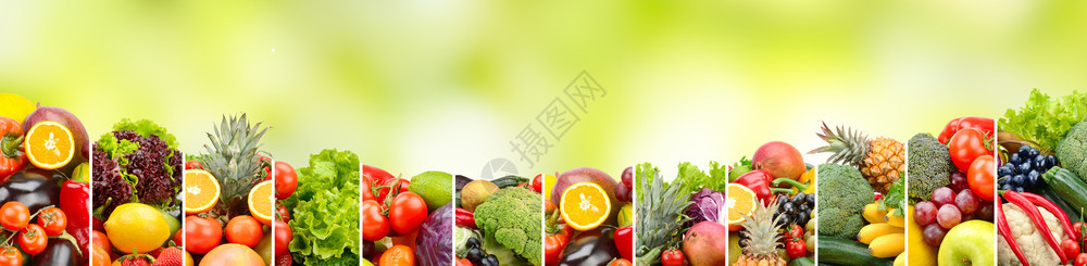 天然模糊绿色背景的全水果和蔬菜图片