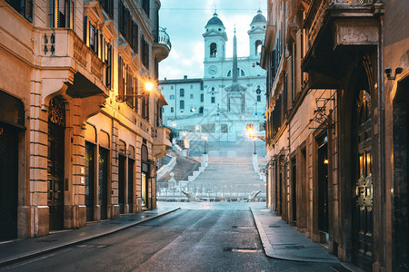 早上西班牙楼梯和罗马街意大利图片