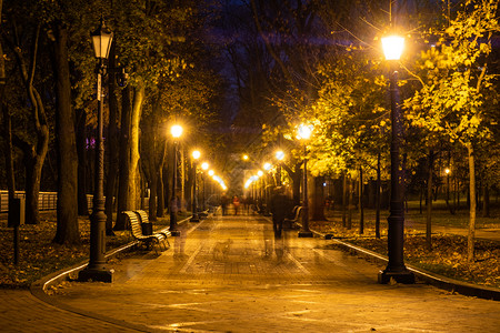 夜间城市公园木板街灯和公园小巷图片素材