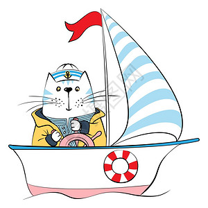 船舵时穿水手服的可爱猫船长卡通手画矢量说明图片素材