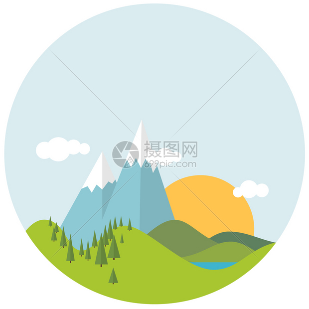 卡通矢量山脉和树木的春季风景图片