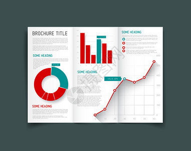 现代矢量三折小册子传单设计模板附有图表和红版和短图片