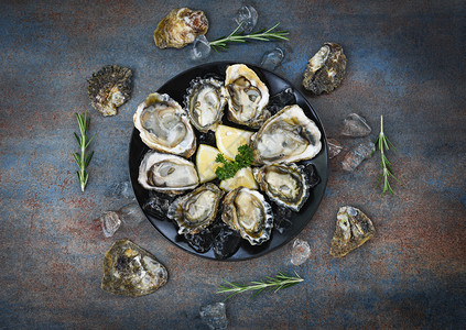 餐饮美食新鲜牡蛎黑底盘面的新鲜海图片